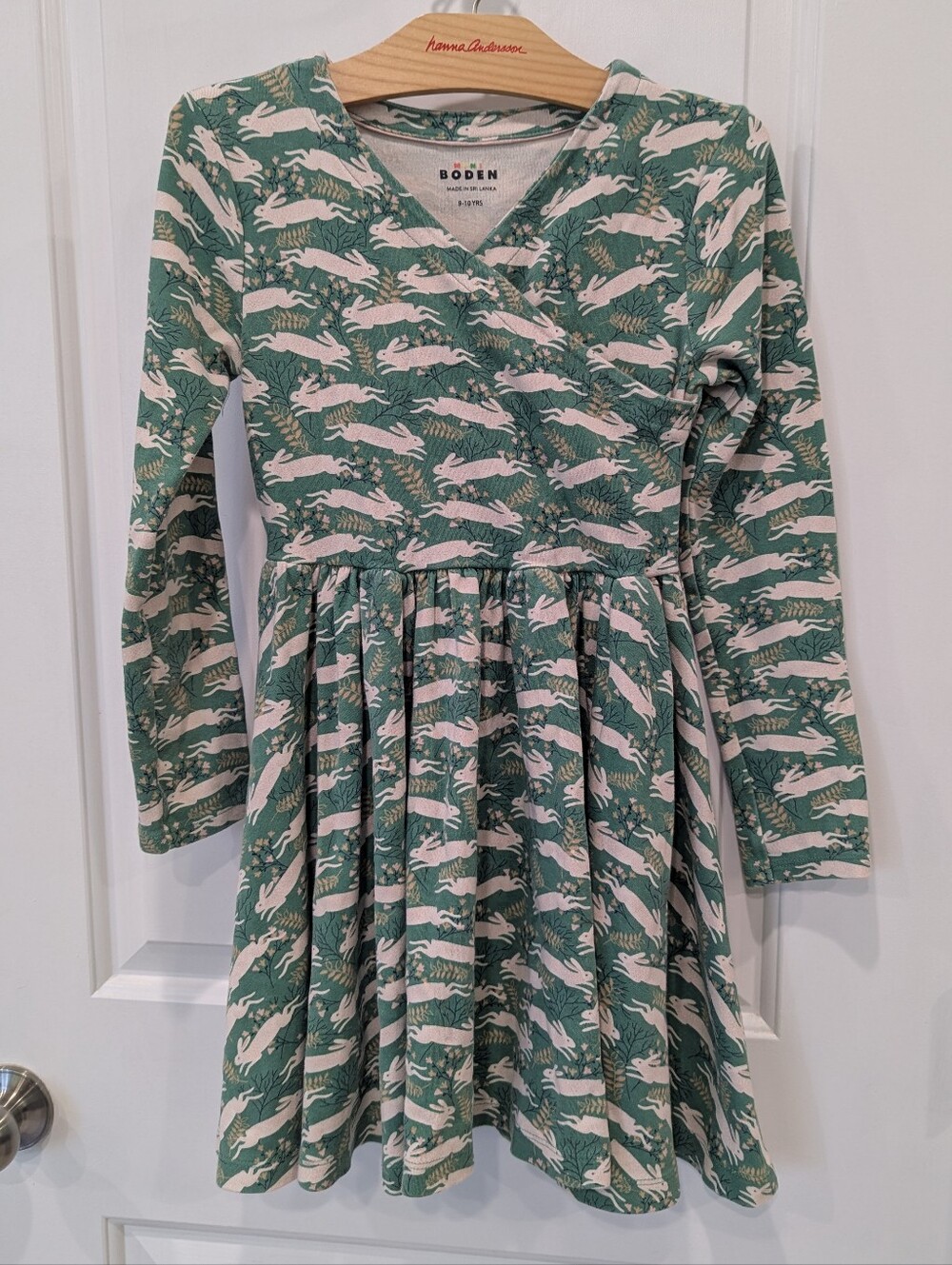 Mini Boden Kids Dress Cotton Long Sleeve Sage Green Bunny Rabbits Girl Size 9 10 - Picture 2 of 6